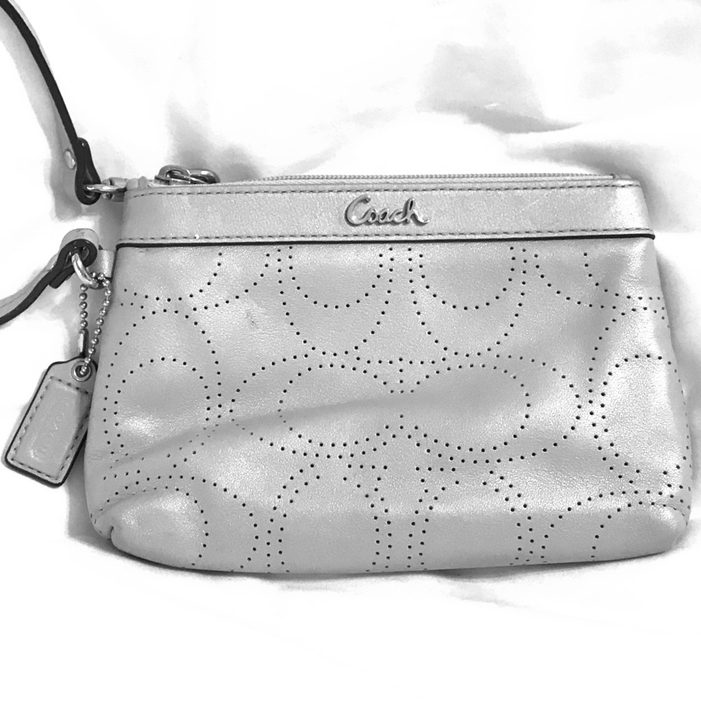 Coach leather eyelet gray/silver wristlet
